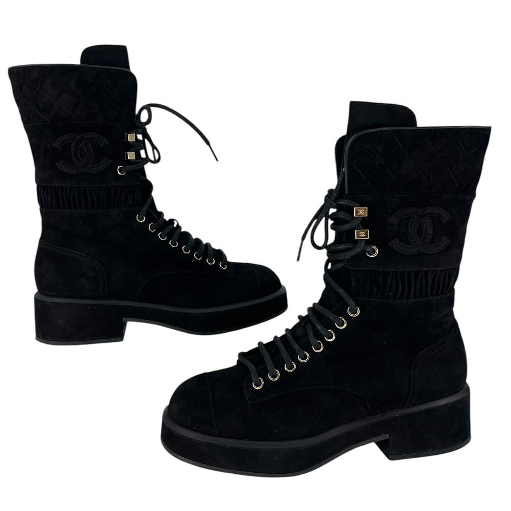 Chanel CC Suede Quilted Lace Up Combat Cap Toe Boots in Black - Picture 3 of 16